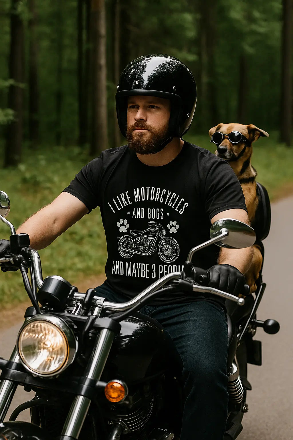 Biker mit schwarzem T-Shirt „I like motorcycles and dogs and maybe 3 people“ fährt Motorrad mit Hund im Beifahrersitz durch den Wald