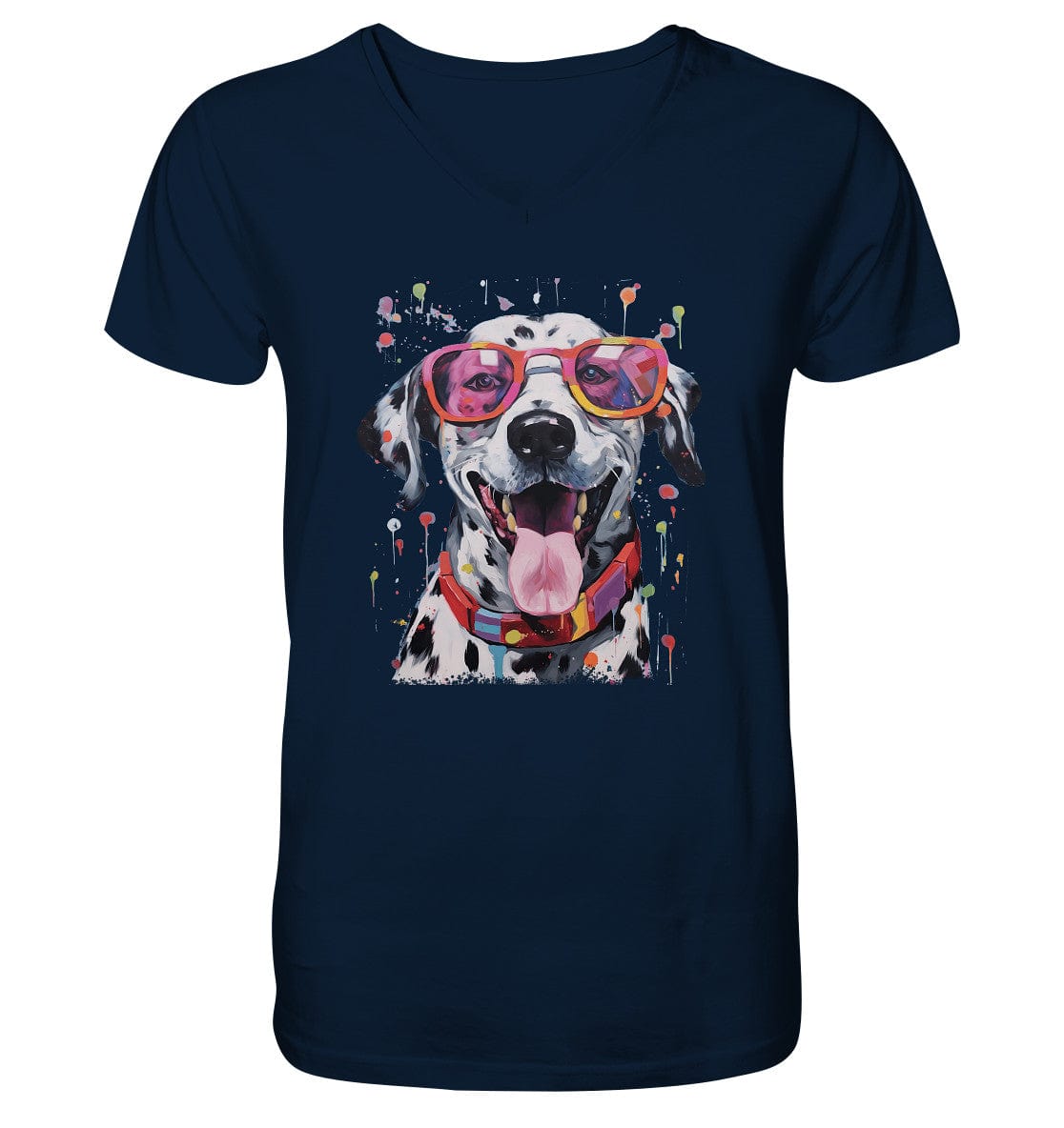 Bunter Dalmatiner Hund mit Sonnenbrille - Mens Organic V-Neck Shirt French Navy / S