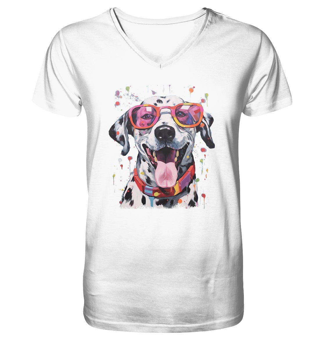 Bunter Dalmatiner Hund mit Sonnenbrille - Mens Organic V-Neck Shirt White / S