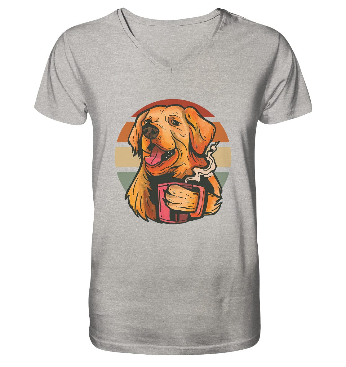 Golden Retriever drinking a cup of coffee - Mens Organic V-Neck Shirt Heather Grey / S