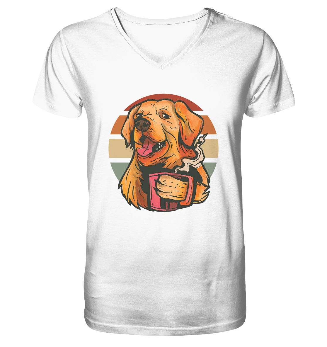 Golden Retriever drinking a cup of coffee - Mens Organic V-Neck Shirt White / S