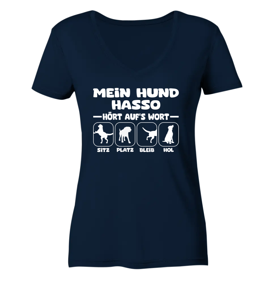 Mein Hund hört auf‘s Wort - personalisiert (inkl. mit/ohne Hundename) - Ladies V-Neck Shirt Navy / XS