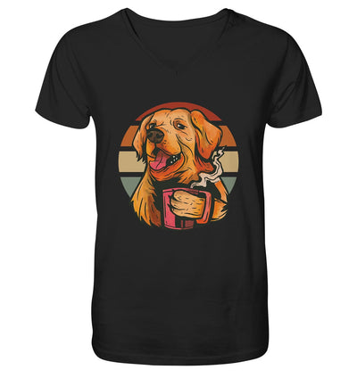 Golden Retriever drinking a cup of coffee - Mens Organic V-Neck Shirt Black / S