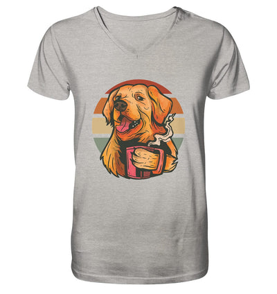 Golden Retriever drinking a cup of coffee - Mens Organic V-Neck Shirt Heather Grey / S